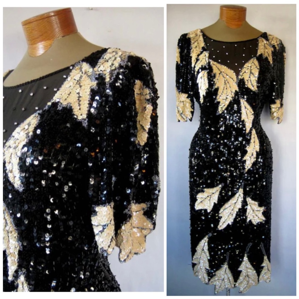 Lillie Rubin VTG Sz XS 80's Black Ivory Sequin Party Prom Cocktail Mini Dress